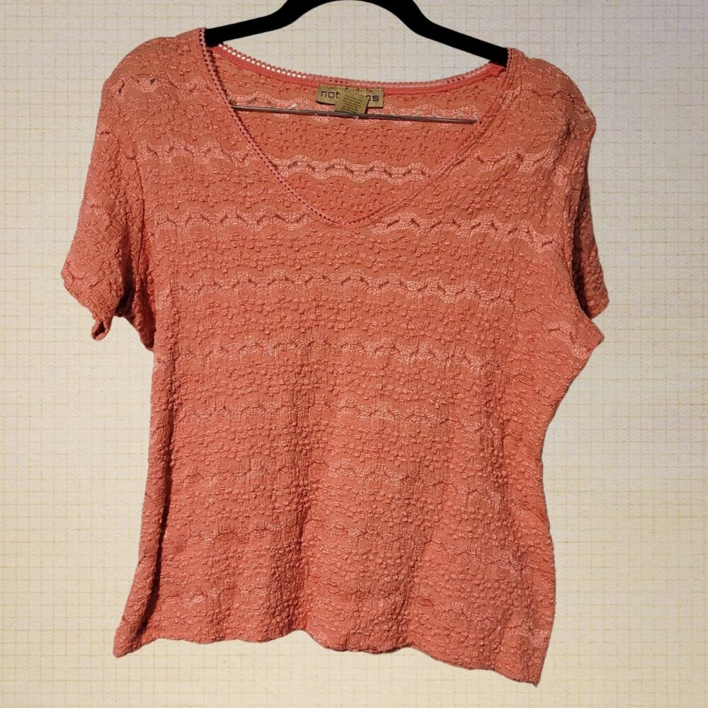 Y2K Peach Stretch Knit V Neck Short Sleeve Top Blouse Size Large Embellished